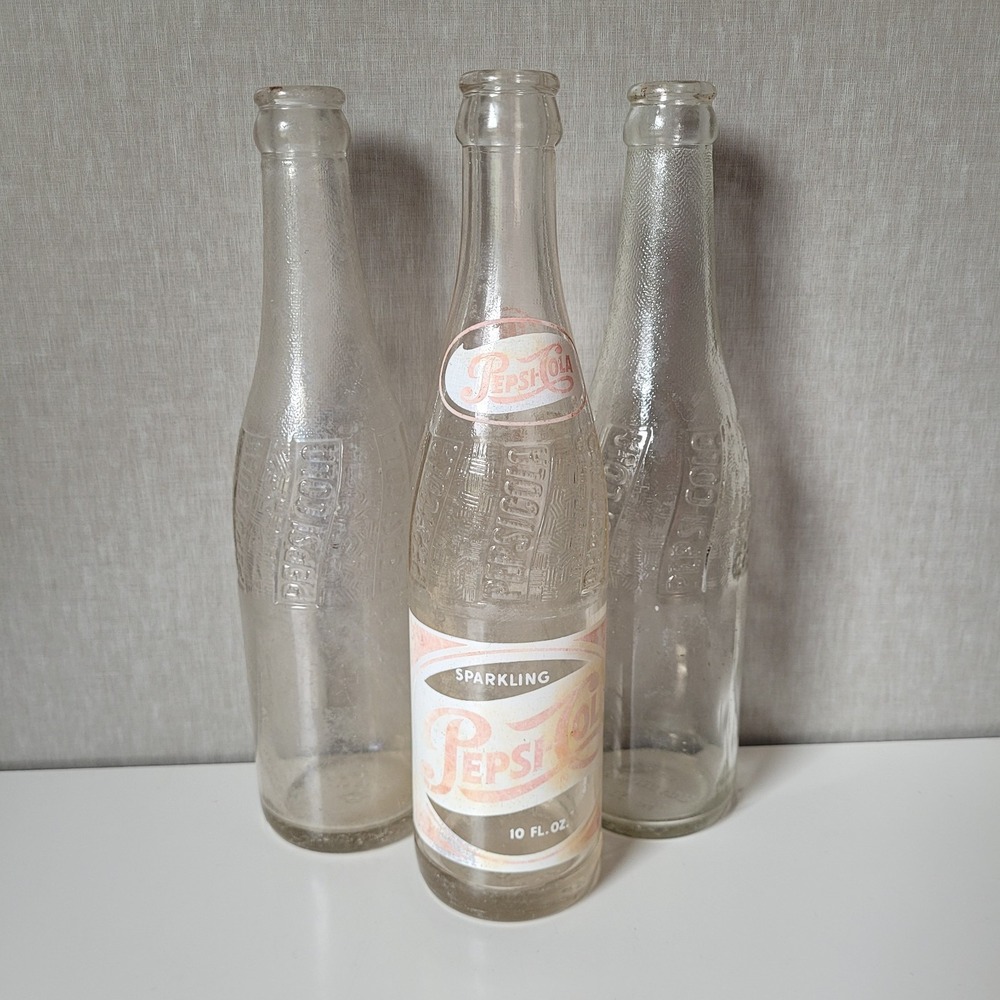Vintage 1940s Pepsi-Cola 10 oz Glass Bottles Lot of 3 Owens-Illinois, WWII Era